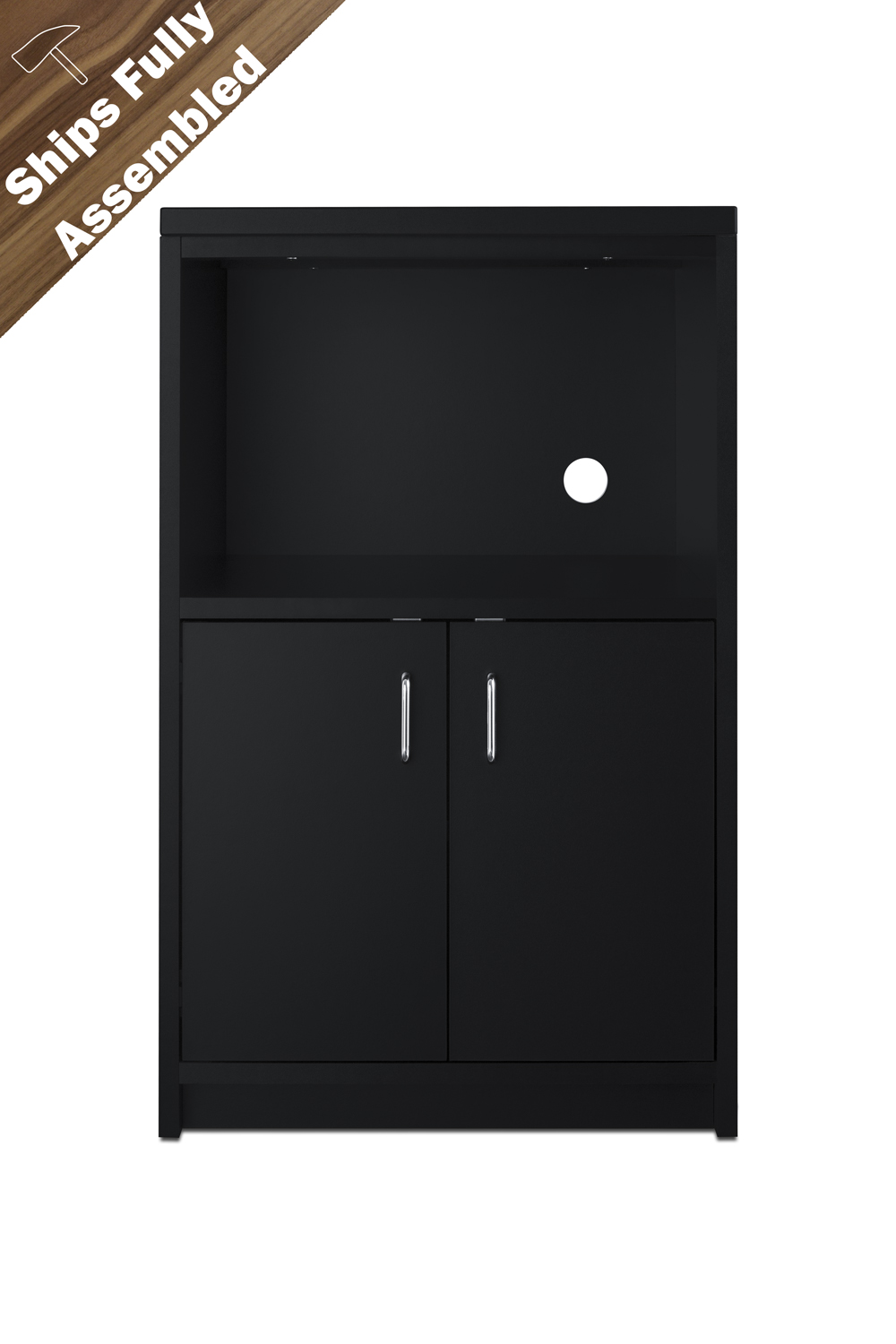 Fully assembled casework cabinet with French door swing in ADA compliant height and black finish designed to accept compact microwaves